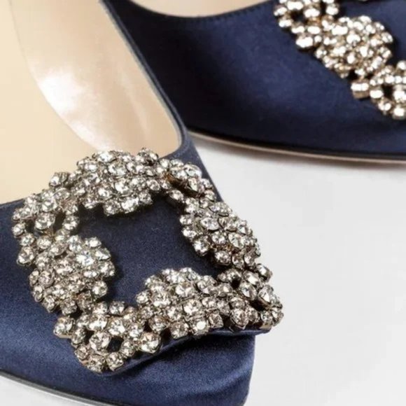 Manolo Blahnik Hangisi Blue Satin Jewel Pumps - Picture 8 of 11